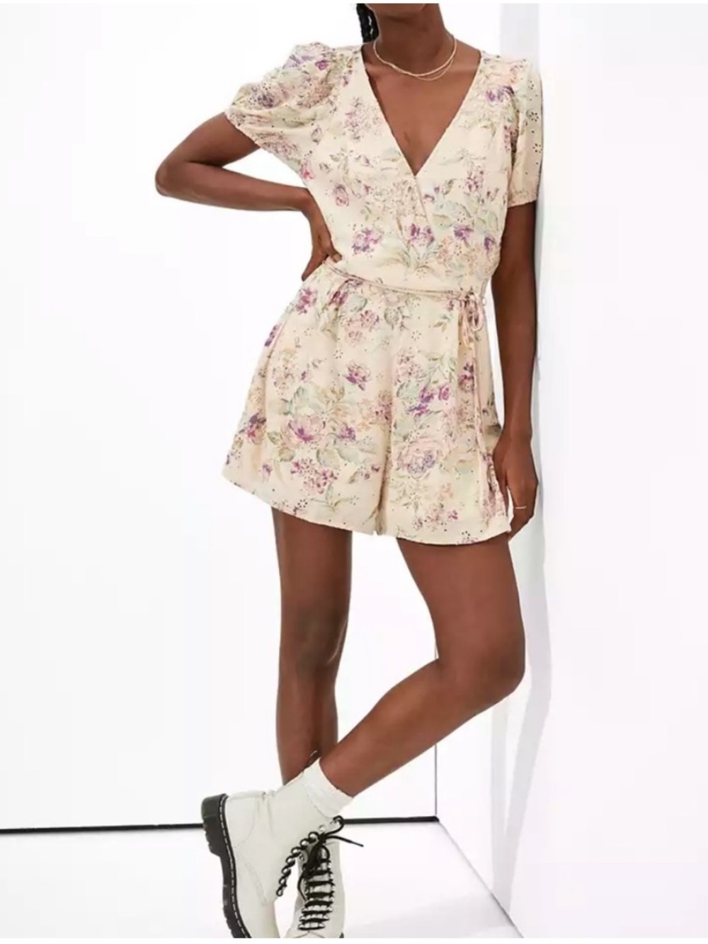 American Eagle Outfitters
Floral & Cream Beige Eyelet Wrap Front Romper XS NWT